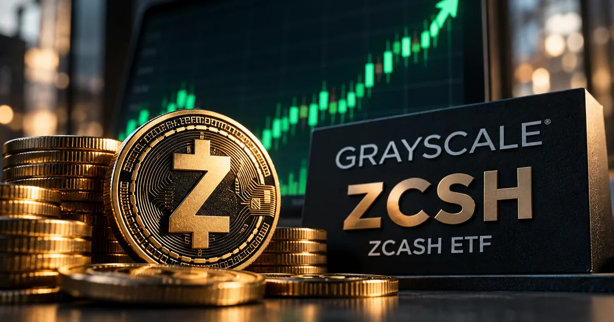 Editorial illustration of Zcash, the Grayscale ZCSH ETF and rising market activity