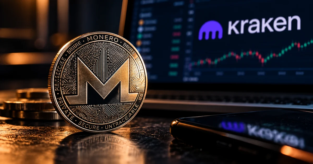 AI-generated editorial illustration of a Monero coin with a Kraken trading screen in the background