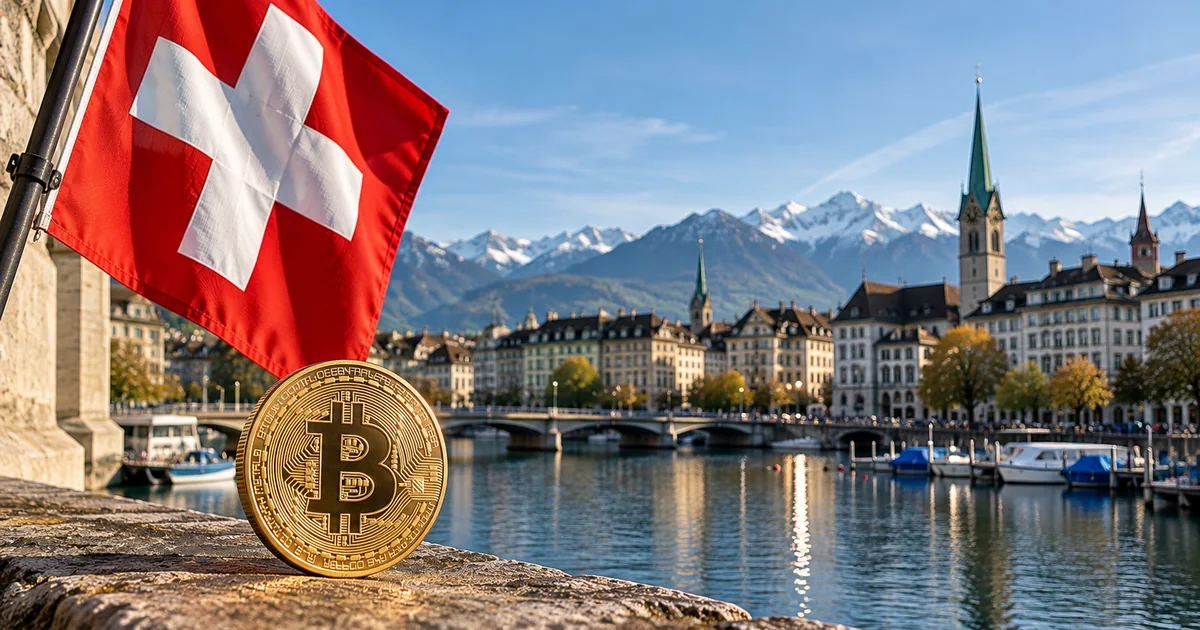 Swiss flag and Bitcoin coin overlooking a Swiss waterfront