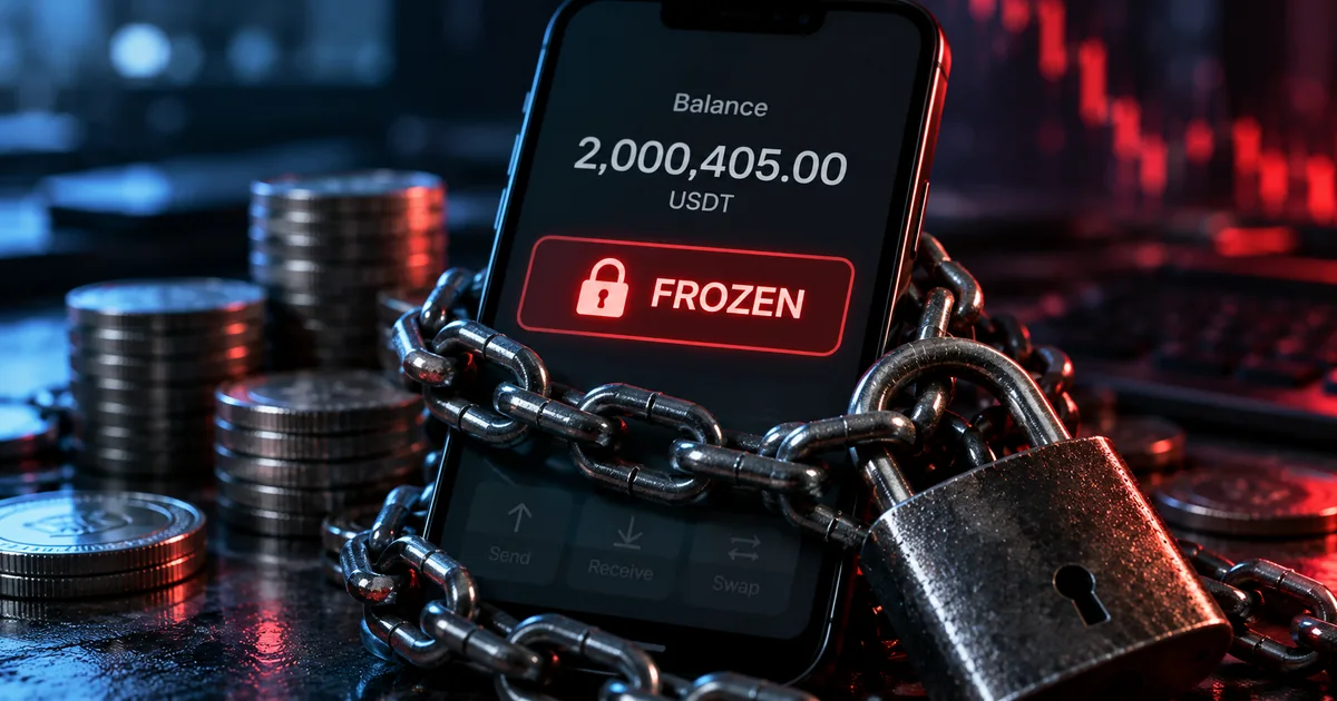 AI-generated editorial illustration of a digital USDT balance frozen behind chains and a padlock